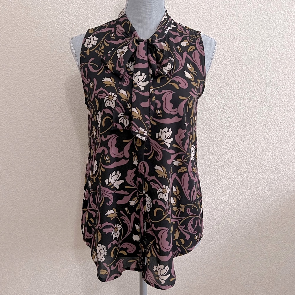 Ann Taylor LOFT Floral Sleeveless Blouse with Tie-Neck, Size Small